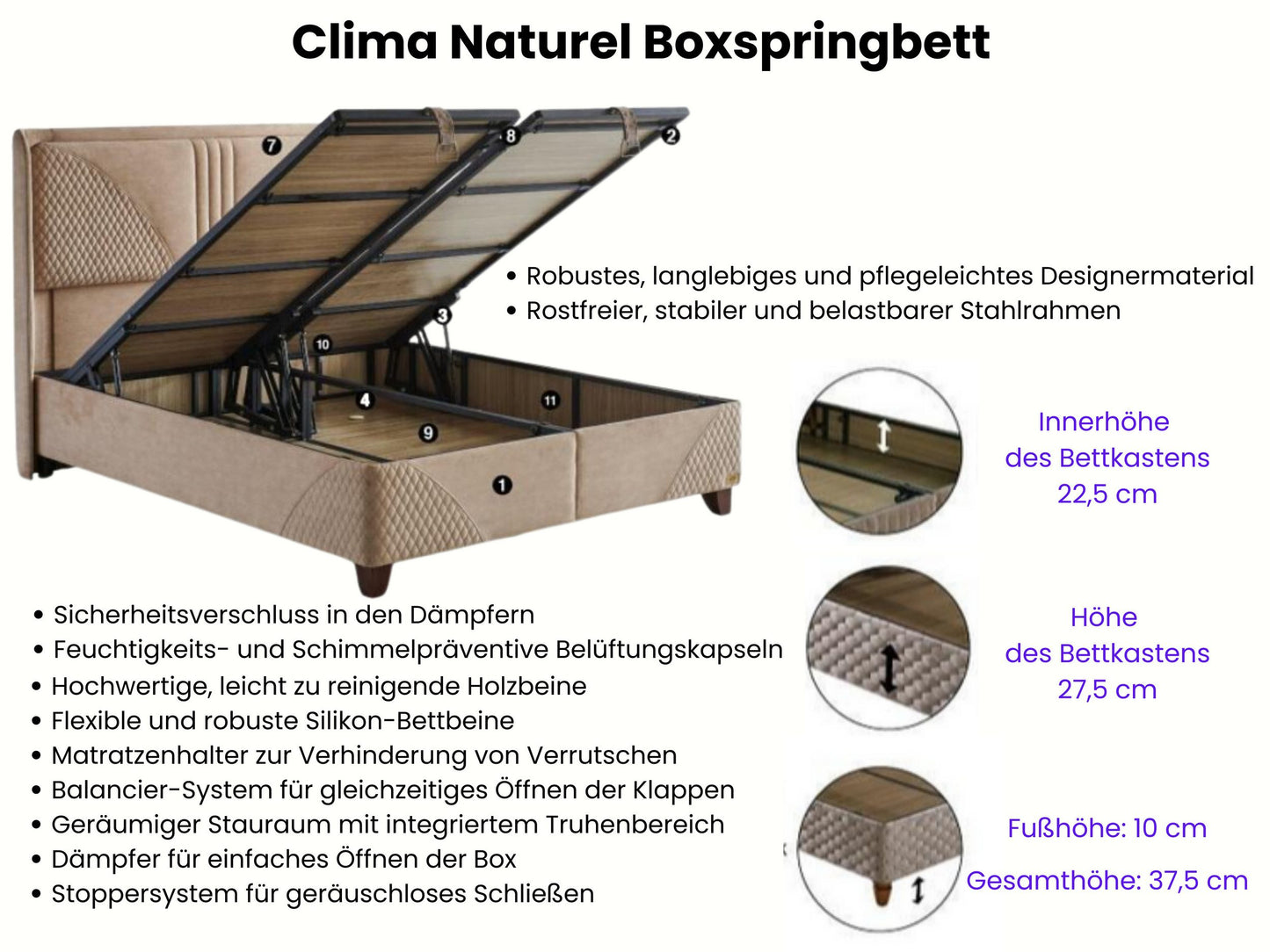 Boxspringbett-Set inkl. Matratze H3, Bambi Clima Naturel, Schlafzimmerbett, Funktionsbett, Matratze H3