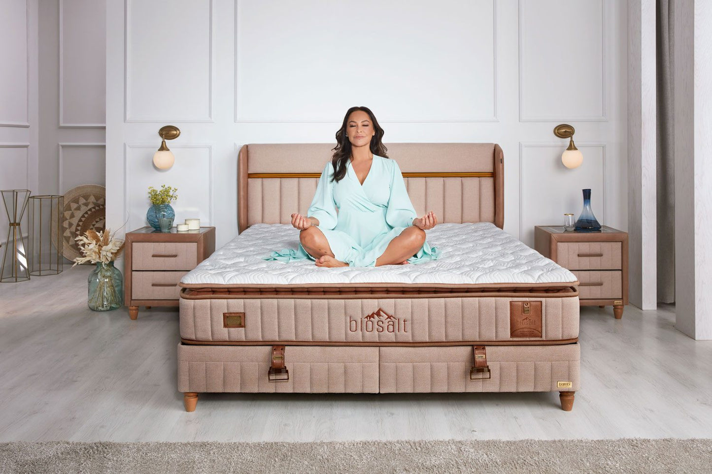 Boxspringbett Set inkl. Matratze mit Topper, Bambi Biosalt, Schlafzimmerbett, Funktionsbett, Kopfteil mit USB-Port und LED Leuchte, H3