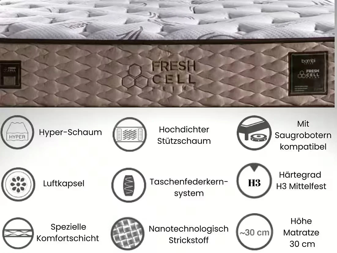Taschenfederkernmatratze, Bambi Freshcell Prime Matratze, Höhe 30 cm, H3 Mittel, Doppelseitig,