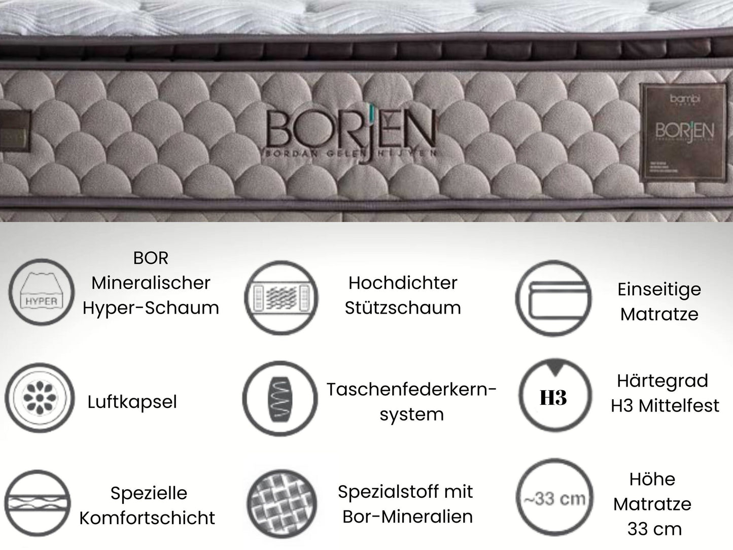Taschenfederkernmatratze, Bambi Borjen Matratze mit Topper , Höhe 33 cm, H3 Mittel, Doppelseitig,