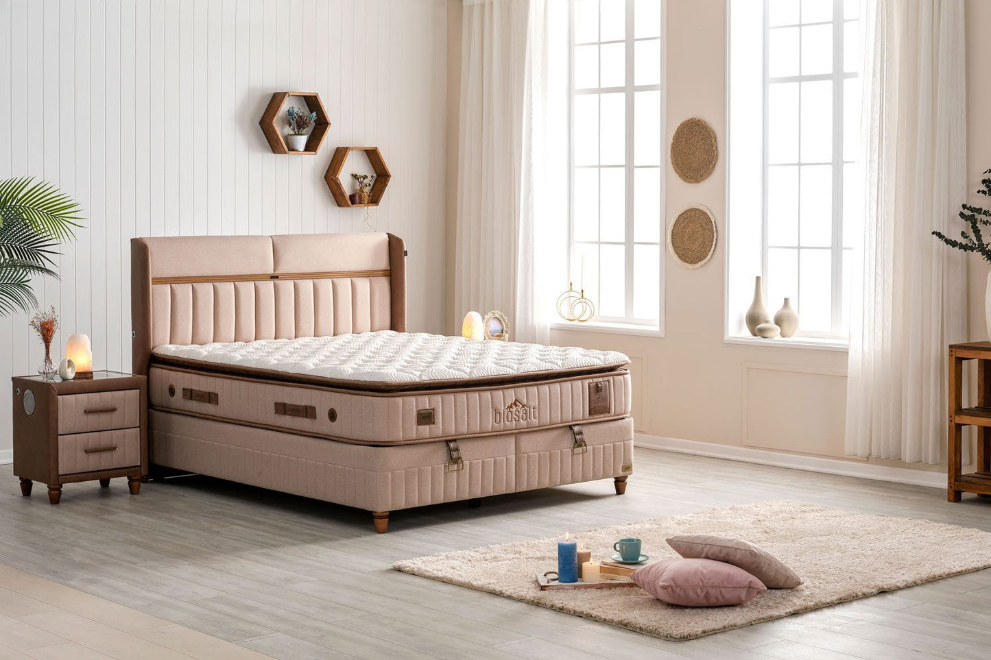 Boxspringbett Set inkl. Matratze mit Topper, Bambi Biosalt, Schlafzimmerbett, Funktionsbett, Kopfteil mit USB-Port und LED Leuchte, H3