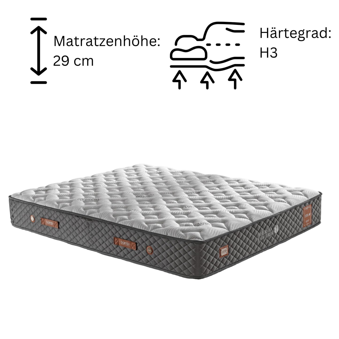 Boxspringbett-Set inkl. Matratze H3, Bambi Thermo Control Anthrazit, Schlafzimmerbett, Funktionsbett, H3
