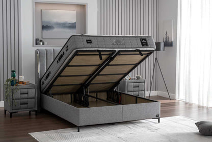 Boxspringbett-Set inkl. Matratze , Bambi Blacksand, Funktionsbett, H4 (Hart) Matratze, Kopfteil mit USB-Anschluss und LED-Leseleuchte