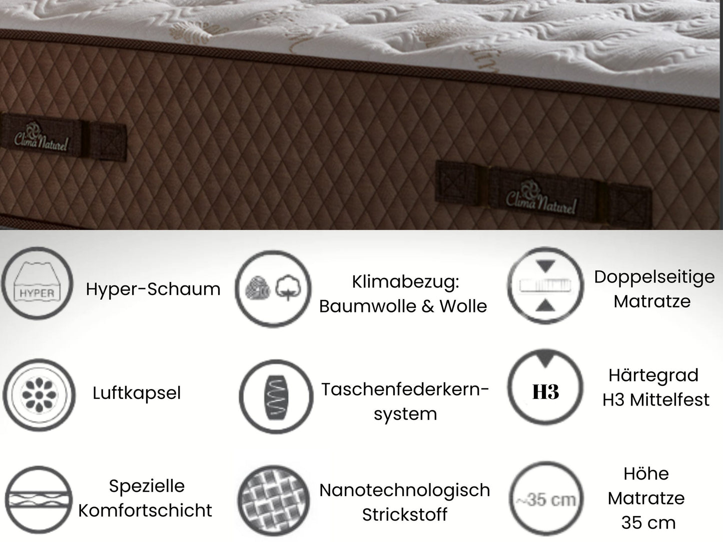 Taschenfederkernmatratze, Bambi Clima Naturel Matratze, Höhe 35 cm, H3 Mittel, Doppelseitig, Woll- & Baumwolloberfläche