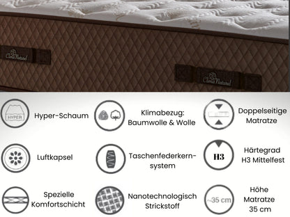 Taschenfederkernmatratze, Bambi Clima Naturel Matratze, Höhe 35 cm, H3 Mittel, Doppelseitig, Woll- & Baumwolloberfläche