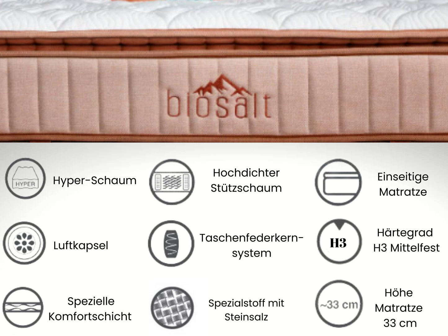 Taschenfederkernmatratze, Bambi Biosalt, Matratze mit Topper, Höhe 33 cm, H3 Mittel