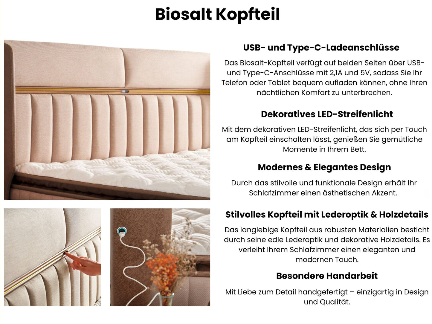 Boxspringbett Set inkl. Matratze mit Topper, Bambi Biosalt, Schlafzimmerbett, Funktionsbett, Kopfteil mit USB-Port und LED Leuchte, H3