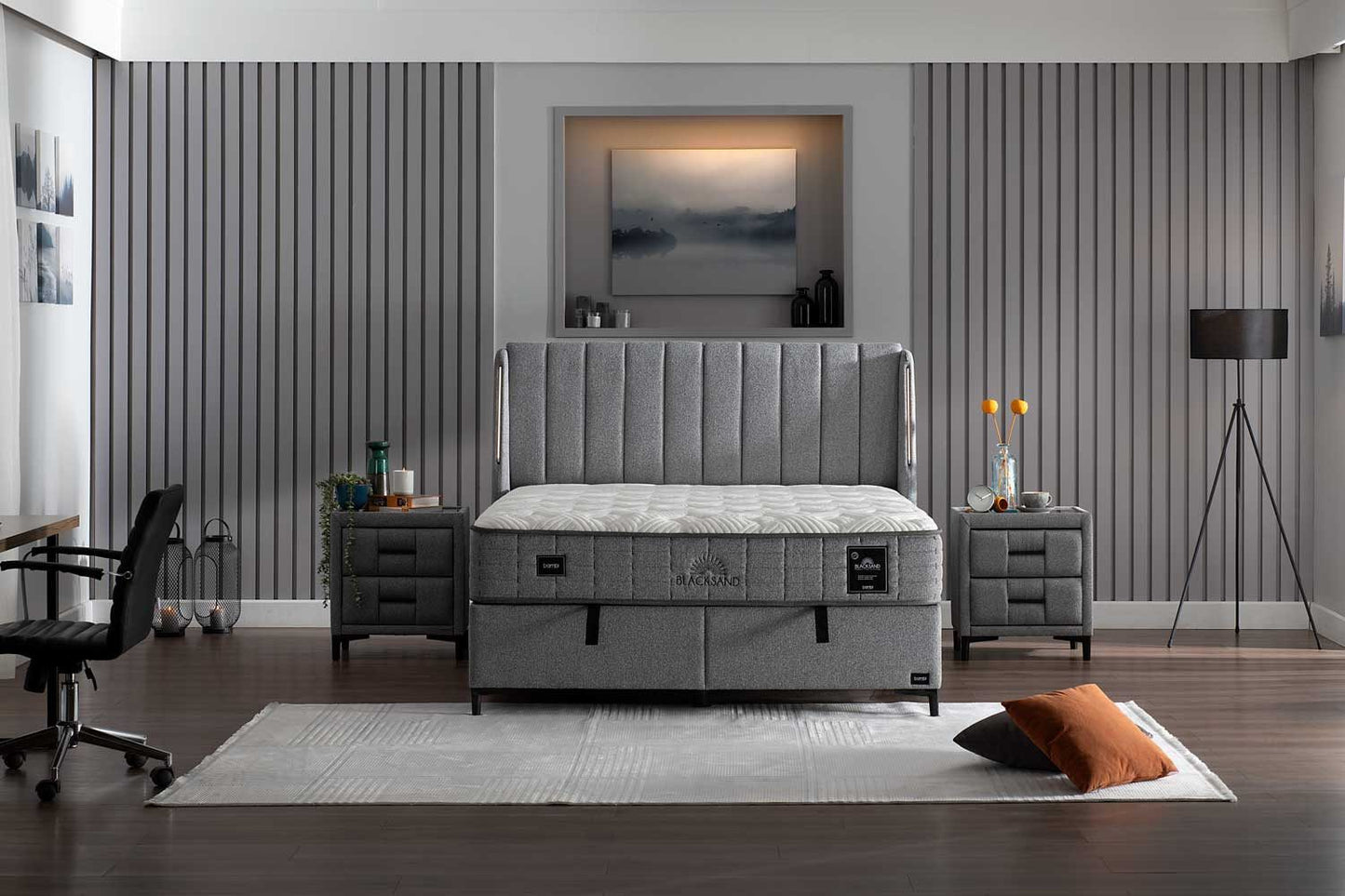 Boxspringbett-Set inkl. Matratze , Bambi Blacksand, Funktionsbett, H4 (Hart) Matratze, Kopfteil mit USB-Anschluss und LED-Leseleuchte