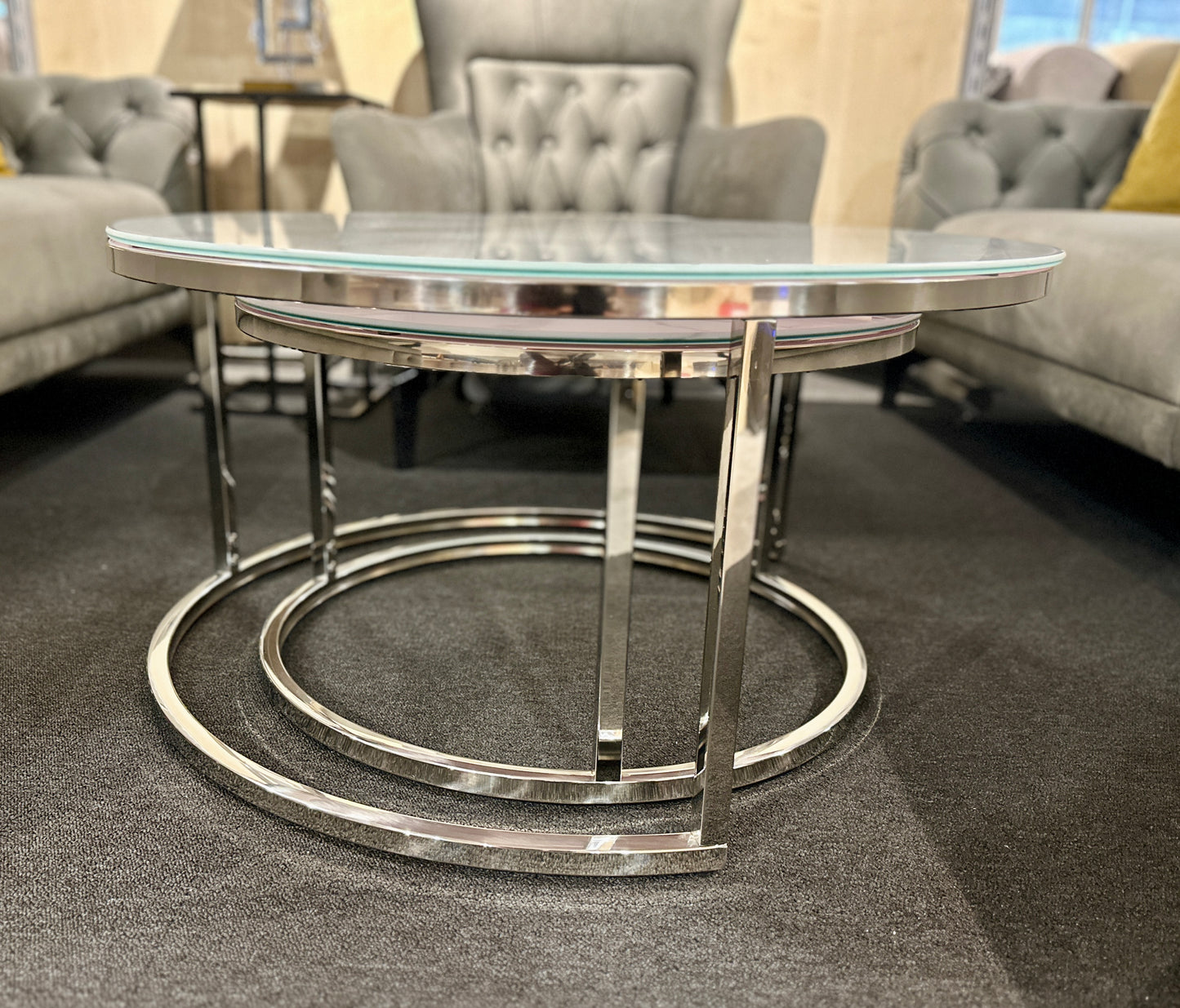 Couchtisch 2er Set Weiß-Grau / Chrom